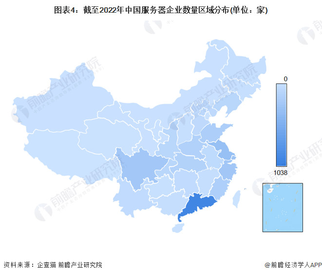 图表4：截至2022年中国服务器企业数量区域分布(单位：家)